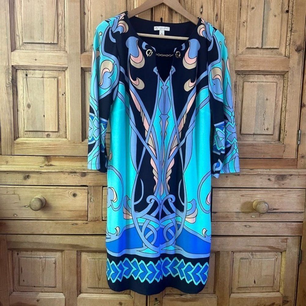 DB Established 1962 Women's Size Medium Art Deco Printed‎ Dress Blue Pink Office